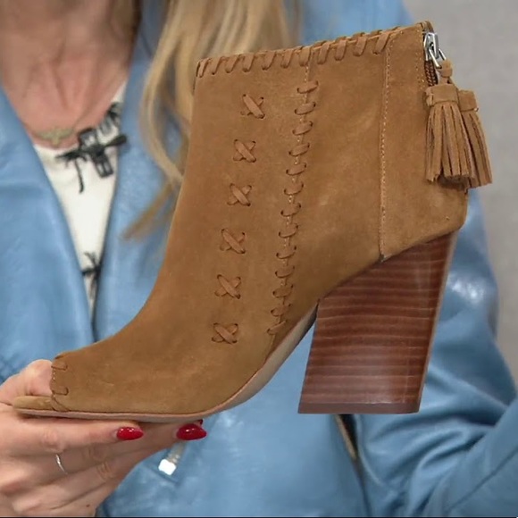 Cognac Stitched Peep Toe Leatherette Ankle Boots - Picture 4 of 5